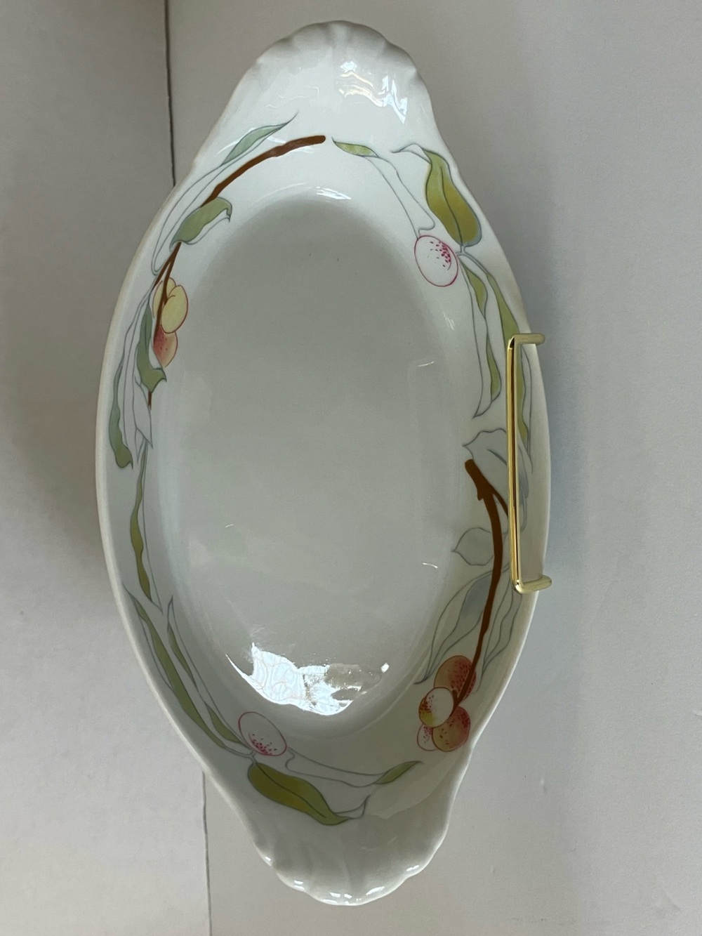 French Porcelain Serving Dish with Gold Handle and Peach-Green Floral Accent